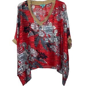 SOUTH MAIN SWIMSUIT COVER-UP, WOMENS, M, RED BLUE WHITE FLORAL, WIDE DOLMAN SLV